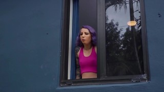 Girl with purple hair wants man who spies on her stroking