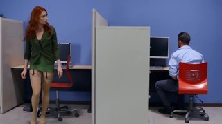 Debauchery in the office ends with cum-shot on redhead's soles