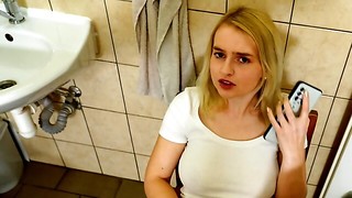 Cute poale female gives a BJ in front of her cuck bf