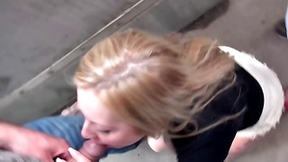 Busty biotch sucking and riding a duo of chisels publicly